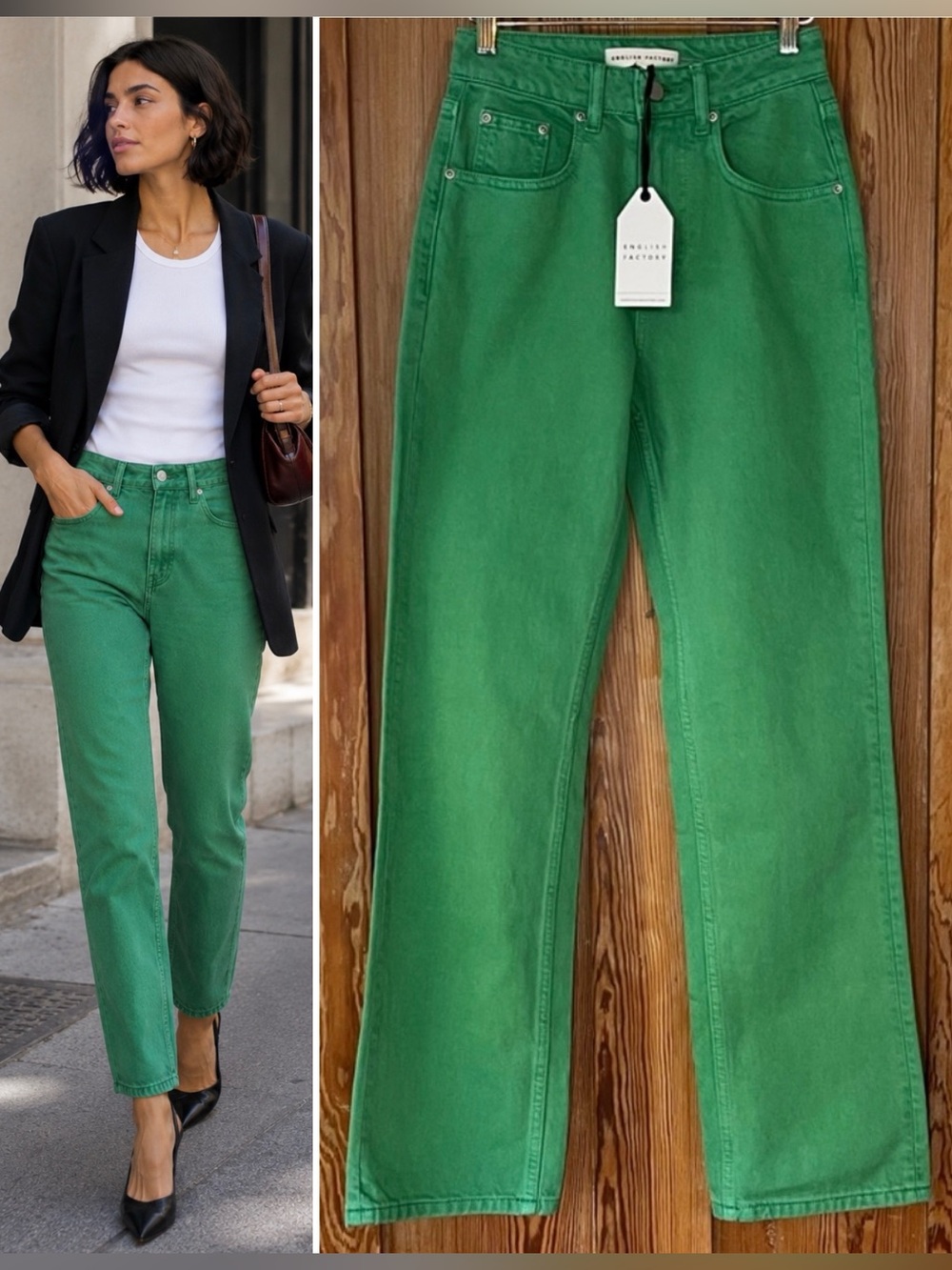 NWT English Factory Kelly Green Denim High Waist Straight Leg Jeans - Sz XS💛🎀